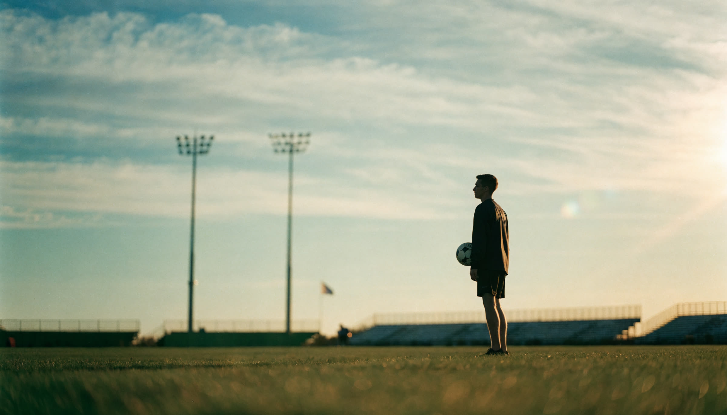 A football coach with a ball on an American pitch at golden hour, floodlights and bleachers behind