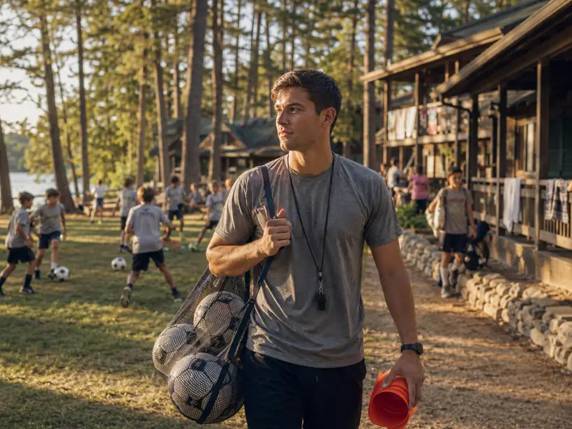 A coach with a bag of footballs at a lakeside summer camp
